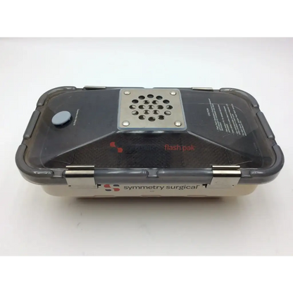 Black and silver symmetry surgical flashpak portable power pack with perforated metal panel for riley medical sterilization container system lid aci-92 127231nj