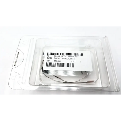 Flexconnect mini hearing aid strips in clear plastic packaging featuring a sleek metallic component and attached label