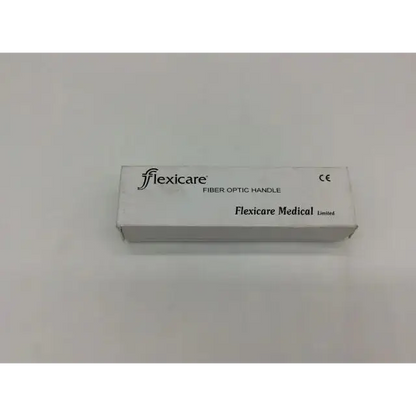 White rectangular box labeled flexicare fiber optic handle by flexicare medical limited for handle standard rough use