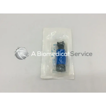 Blue and black flexicare britepro fiber optic laryngoscope handle in clear plastic packaging with batteries visible