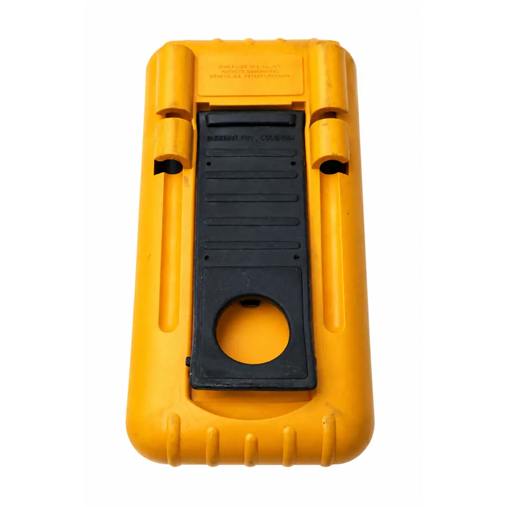 Yellow plastic case with black insert and circular cutout for secure storage of biomed certified fluke 87 true rms multimeter