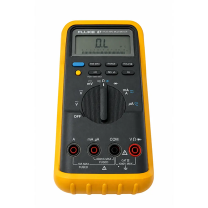Yellow-cased fluke 87 true rms multimeter with digital display and multiple input jacks biomed certified true rms multimeter
