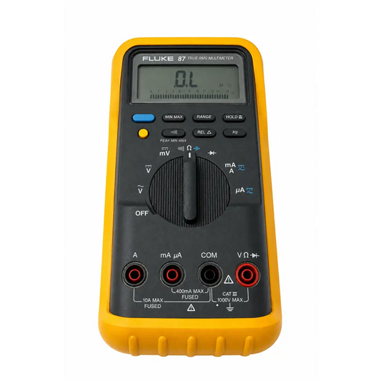 Yellow-cased fluke 87 true rms multimeter with digital display and multiple input jacks true rms multimeter