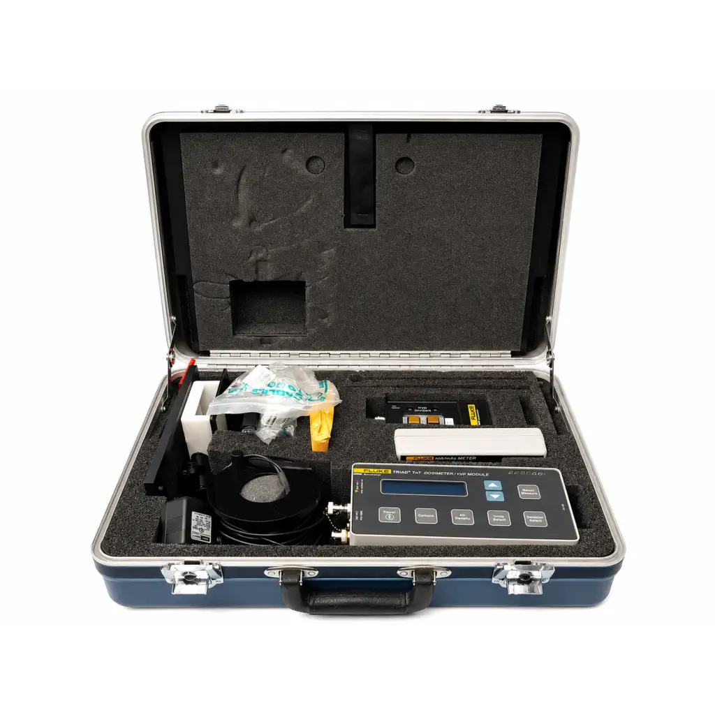 Silver and black fluke 74t anemometer and uv module in protective case from fluke biomedical triad tnt field service kit