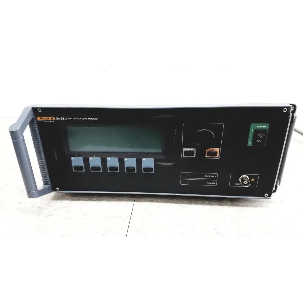 Black fluke biomedical qa-esii electrosurgery analyzer with digital display and control buttons for precise testing