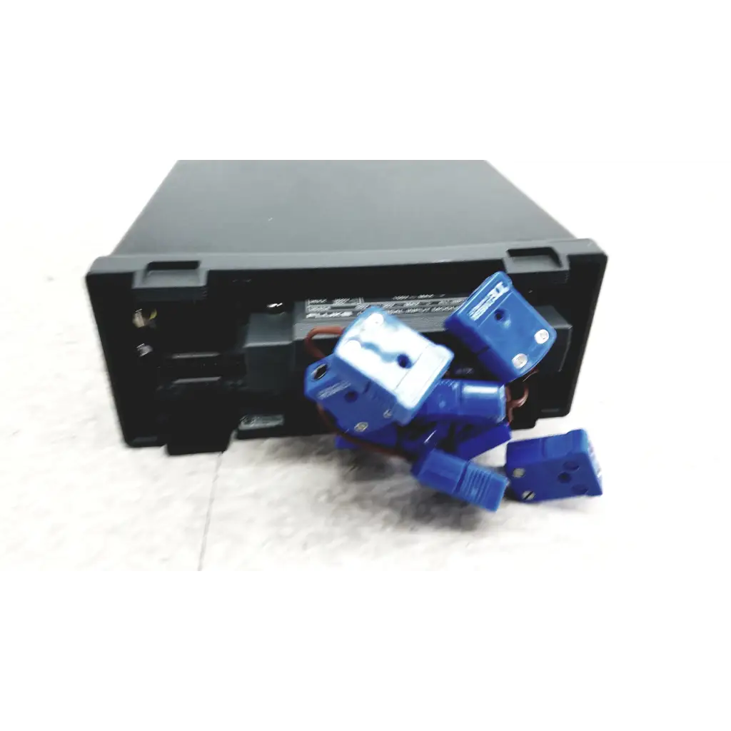 Black rectangular fluke hydra series ii data acquisition unit with 2645a universal input module and blue connectors