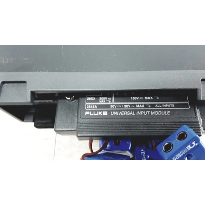 Black fluke 2645a universal input module in fluke hydra series ii data acquisition unit showing voltage and current specs