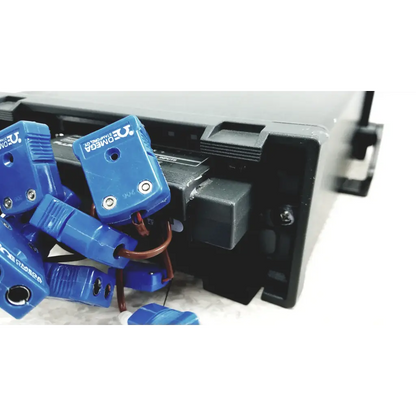 Blue plastic omega clamp connectors with metallic screws and copper wiring on the back of fluke hydra series ii data acquisition unit 2645a universal input module