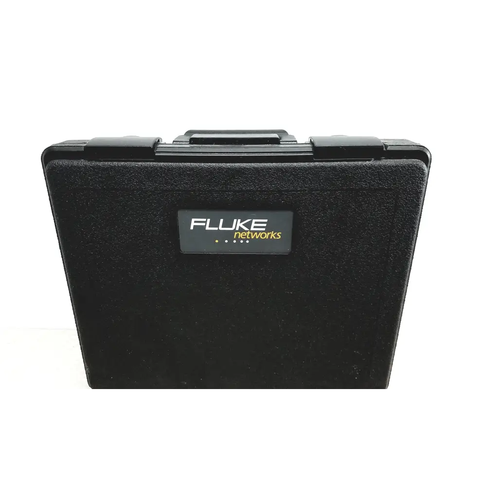 Black textured hard-shell case with silver and gold fluke networks logo for lan cablemeter cable testing accessories