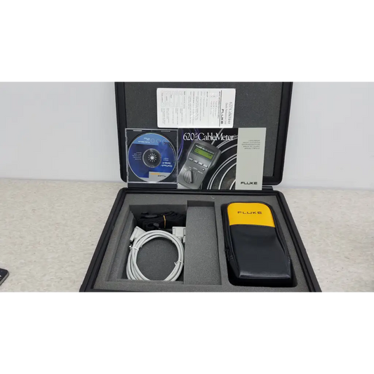 Fluke networks 620 lan cablemeter in black and yellow carrying case with coiled white cable for cable testing