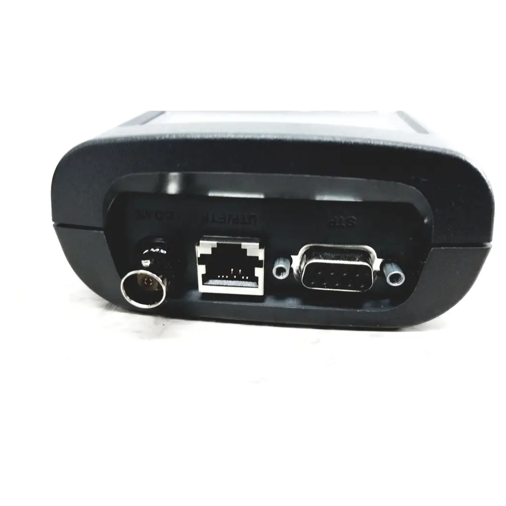 Black fluke networks lan cablemeter back side showing circular port ethernet and db9 serial port for cable testing