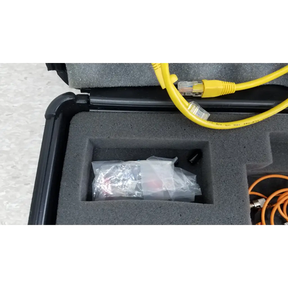 Yellow ethernet cable with clear rj45 connectors in black foam case for fluke networks fiber optic source with cables