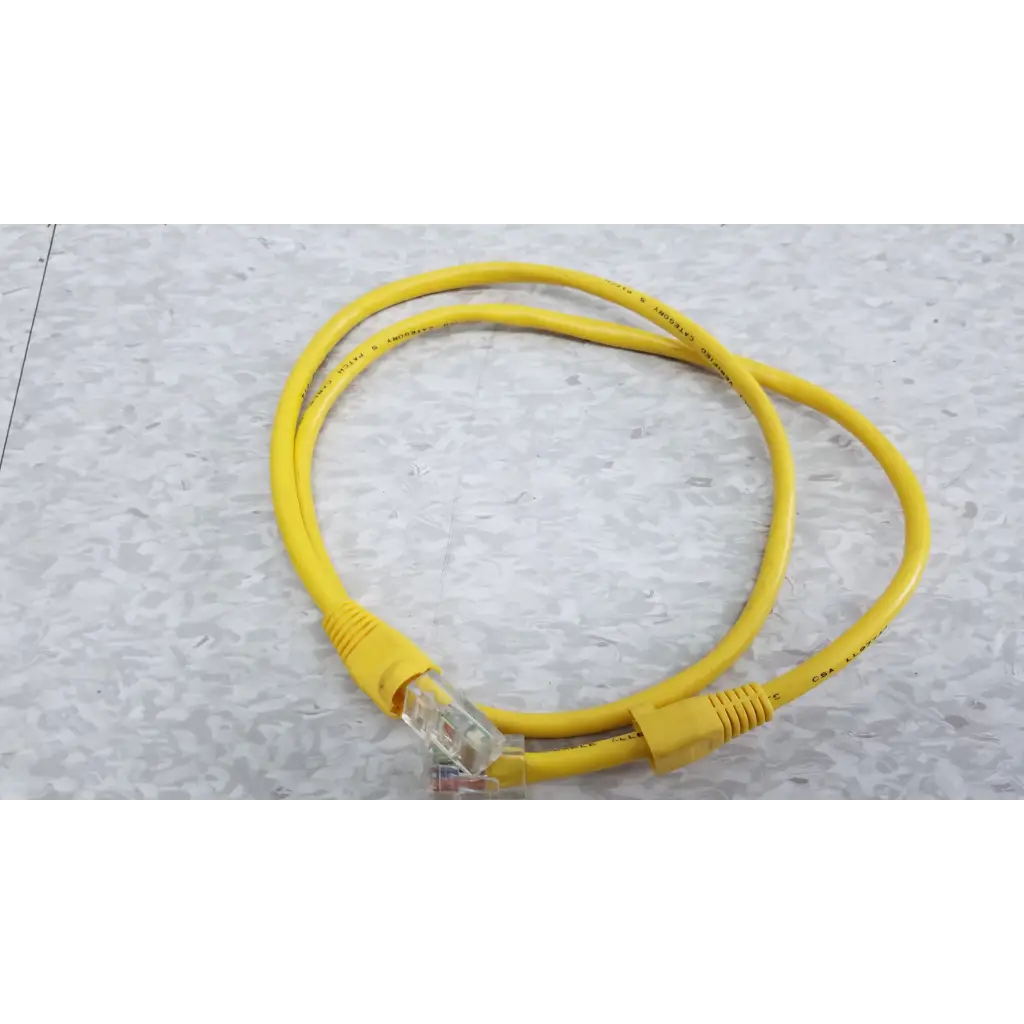 Yellow ethernet cable with clear plastic connectors and yellow rj45 plugs for fluke networks fiber optic source kit