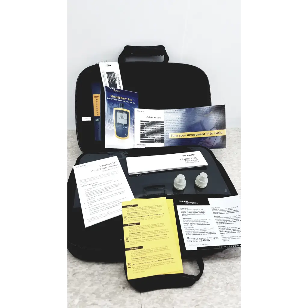 Black carrying case with fluke networks ftk1300 simplifiber pro fiber optic test kit and handheld device accessories