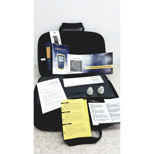 Black carrying case with fluke networks ftk1300 simplifiber pro fiber optic test kit and handheld device accessories