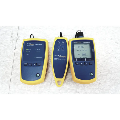 Three yellow and blue fluke networks ftk1300 simplifiber pro fiber optic test kit tools including cable tester laser pointer and multimeter