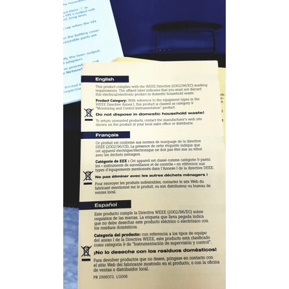White paper label with black text showing multilingual electronic waste disposal instructions on the back of ftk1300 simplifiber pro fiber optic test kit
