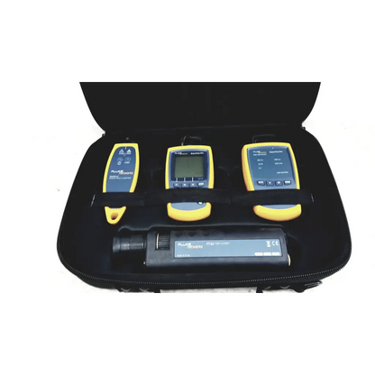Fluke Networks ftk1300 simplifiber pro fiber optic test kit with yellow and black handheld devices in a black case