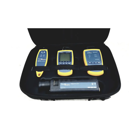 Fluke Networks ftk1300 simplifiber pro fiber optic test kit with yellow and black handheld devices in a black case