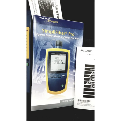 Yellow and blue fluke networks ftk1300 simplifiber pro fiber optic test kit with digital optical power meter showing -346.5 dbm