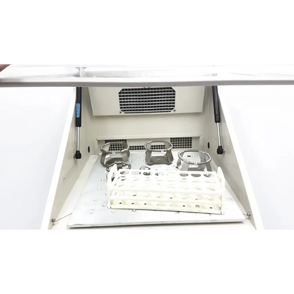 White scientific orbital shaker with three metallic test tube holders and a white plastic rack by forma scientific