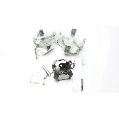 Silver metallic octagonal camping stove with burner and fuel line shown with forma scientific orbital shaker 4518 and orbital shaker