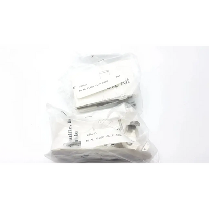 Two clear plastic bags contain metallic 50 ml flask clip assemblies for forma scientific orbital shaker 4518 orbital shaker