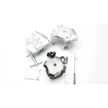 Silver metallic octagonal pocket knife blade with black handle and tools next to forma scientific orbital shaker 4518
