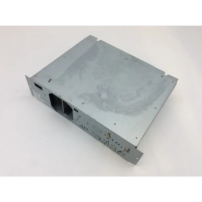 Gray metal server rack with cutouts and mounting holes for fuji clearview xg5000 power supply sn 67028032 back side