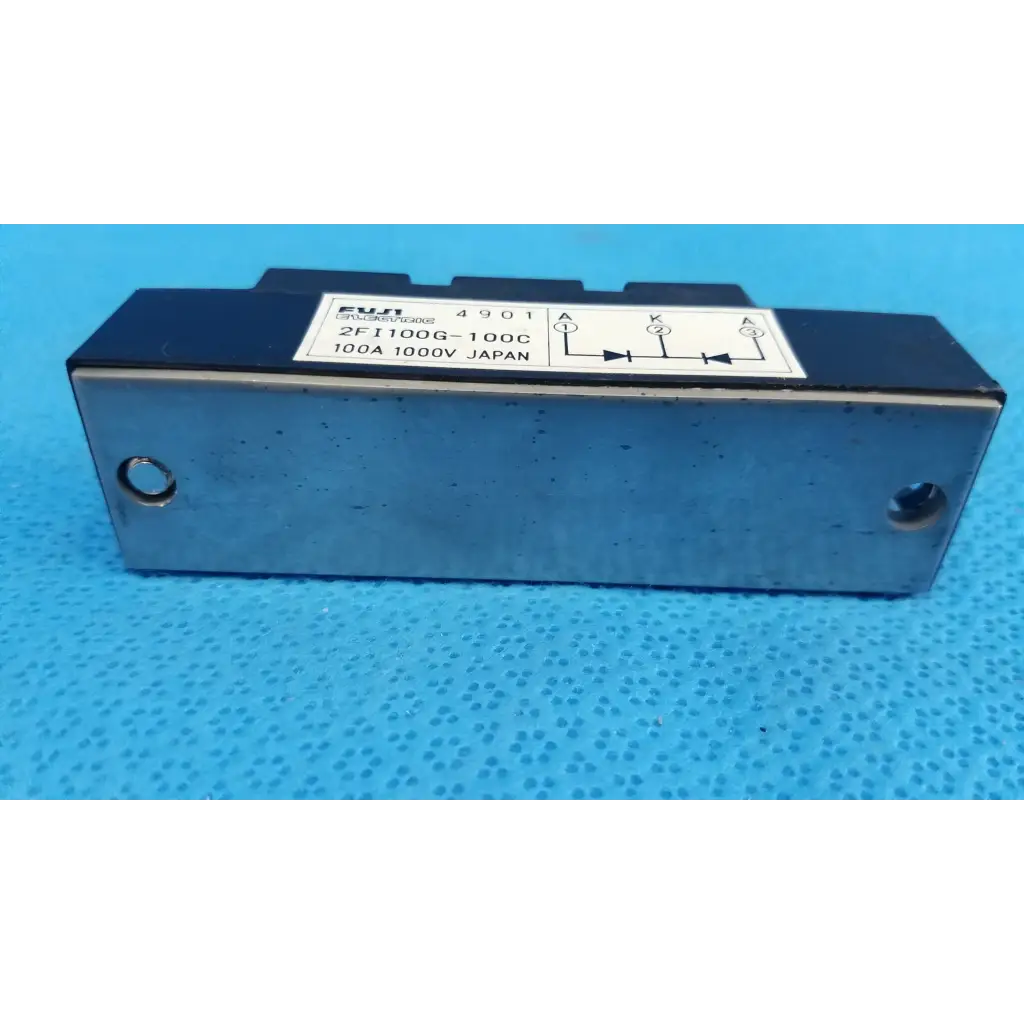 Black rectangular fuji electric power diode module with silver front panel and white label dual diode block design