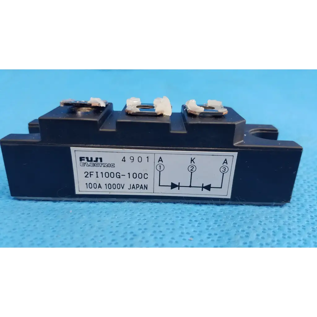 Black rectangular fuji electric 2fi100g-100c power diode module with white labeling and three terminal connectors dual diode block