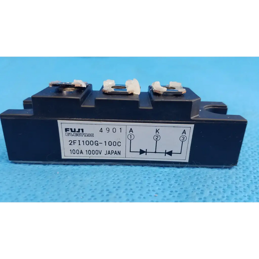 Black rectangular fuji electric 2fi100g-100c power diode module with white labeling and three terminal connectors dual diode block