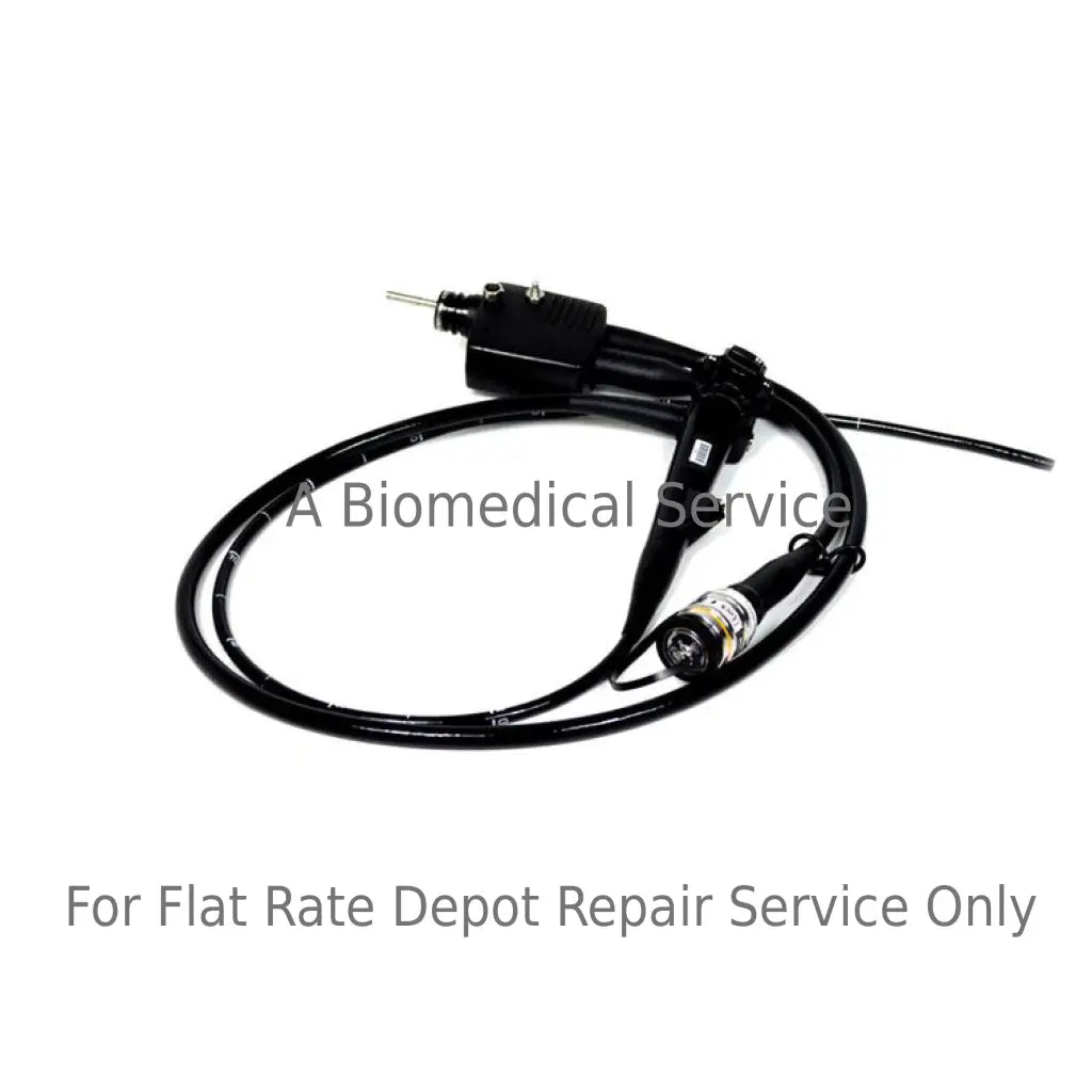 Black flexible endoscope with coiled cable and metallic connector for fujinon eg-450wr5 flat-rate repair service medical equipment