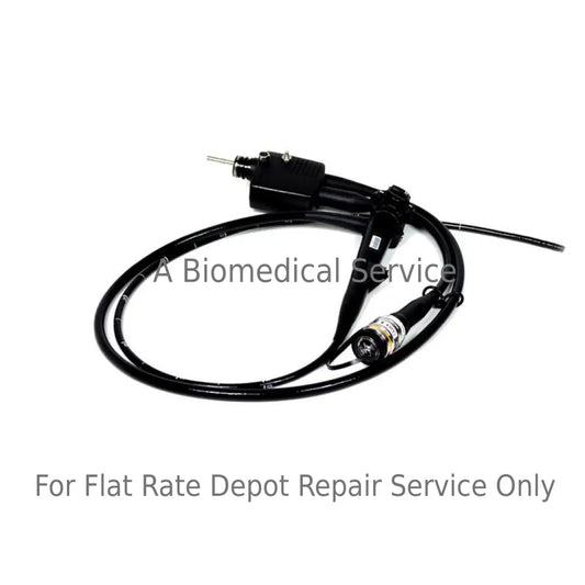 Black flexible endoscope with coiled cable and metallic connector for fujinon eg-450wr5 flat-rate repair service medical equipment