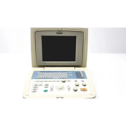 Beige and blue fukuda denshi uf-750xt portable ultrasound system with screen keyboard and control buttons