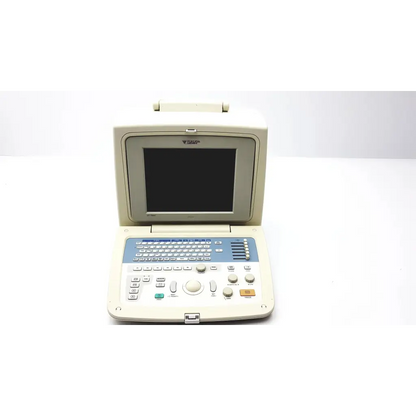 Beige fukuda denshi uf-750xt portable ultrasound system with blue keyboard and control panel for medical imaging