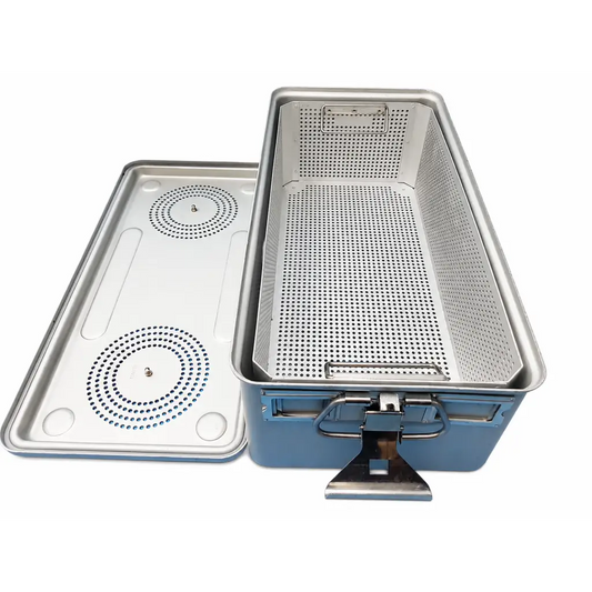 Blue full-length sterilization container with removable perforated basket and dual filter plates