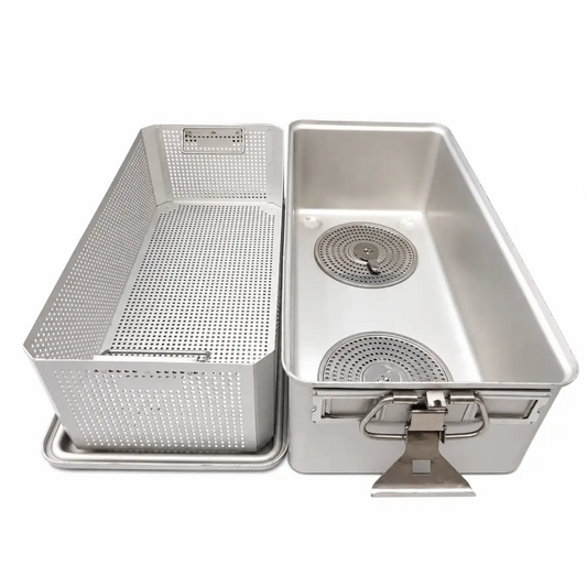 Silver stainless steel full-length sterilization container with removable perforated basket and dual filter plates