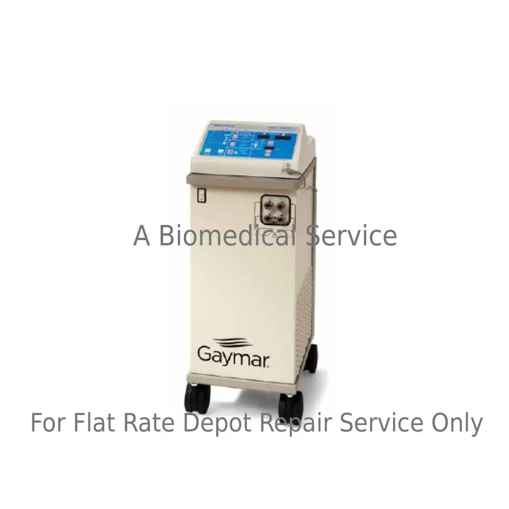Cream-colored gaymar medi-therm iii medical equipment with blue control panel and black wheels for flat-rate repair service