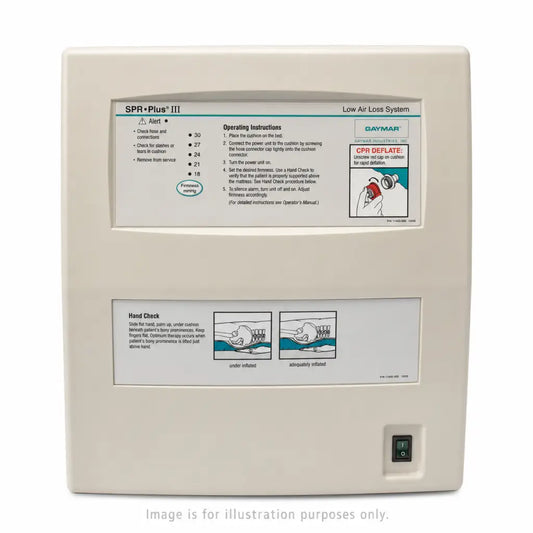 Beige rectangular spr plus iii low air loss mattress pump by gaymar industries with instructional panels and power switch