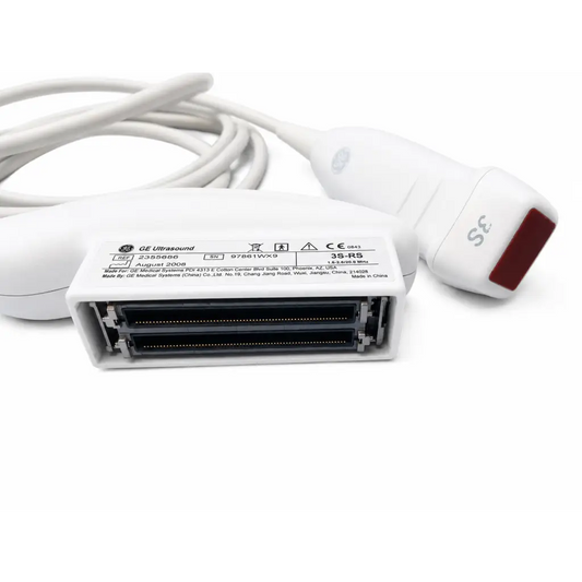 White GE 3S-RS ultrasound transducer probe with red accent handle for medical imaging use