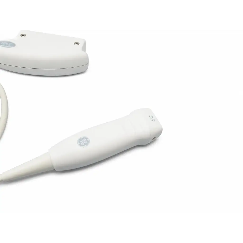 Ge 3s-rs ultrasound transducer probe with sleek white ergonomic design and smooth plastic finish biomed certified ultrasound transducer