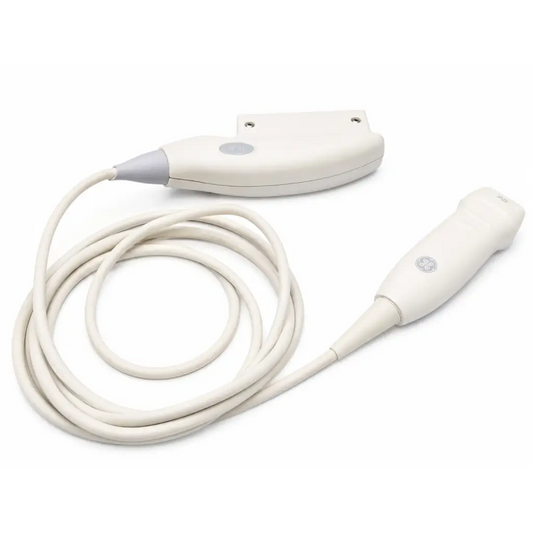 White GE 3S-RS ultrasound transducer probe with coiled cable and gray accent handle ultrasound transducer