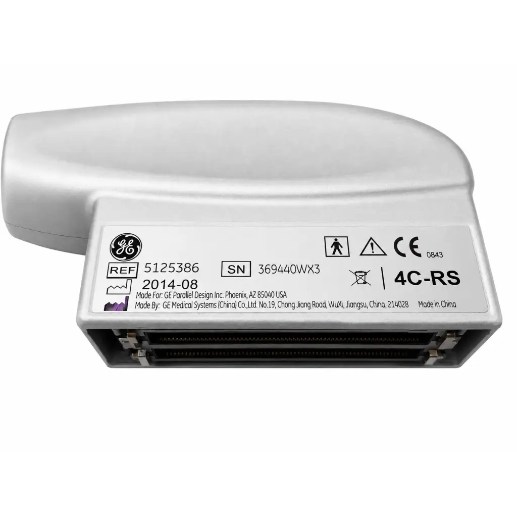 Silver ge 4c-rs convex ultrasound transducer probe with sleek curved design and labeled front panel specifications