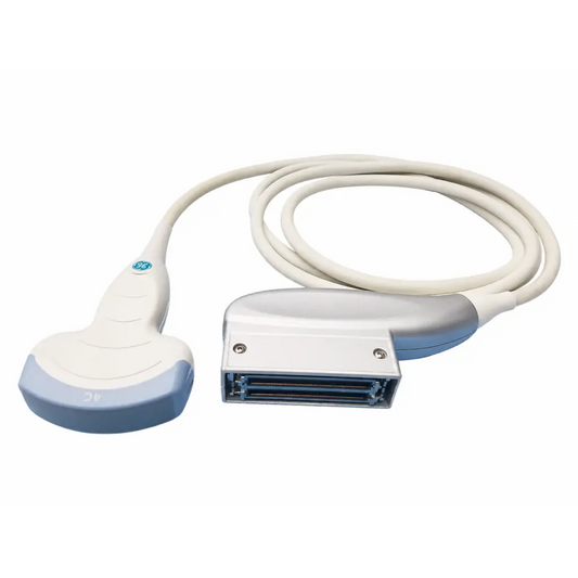 Ge 4c-rs convex ultrasound transducer probe in white and light blue with coiled cable biomed certified