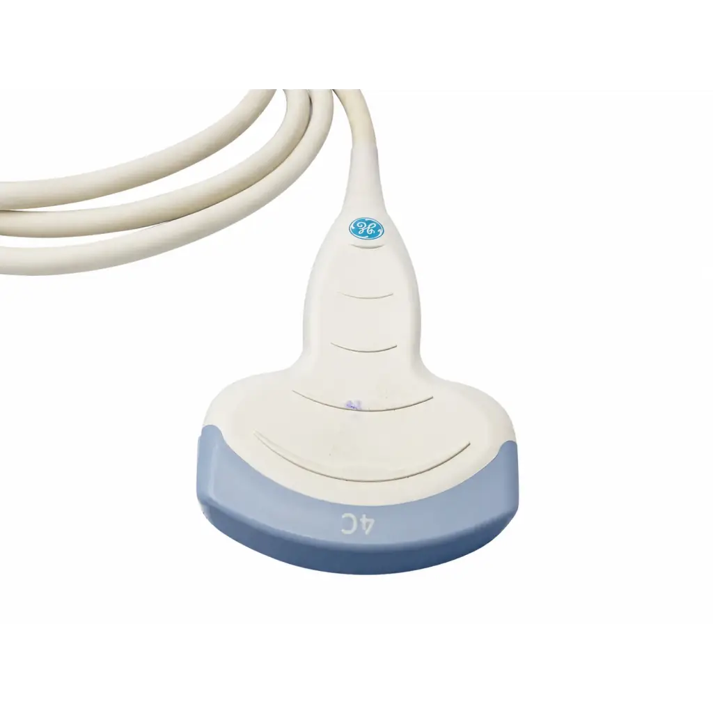 Ge 4c-rs convex ultrasound transducer probe with white and light blue body featuring ge logo near the top