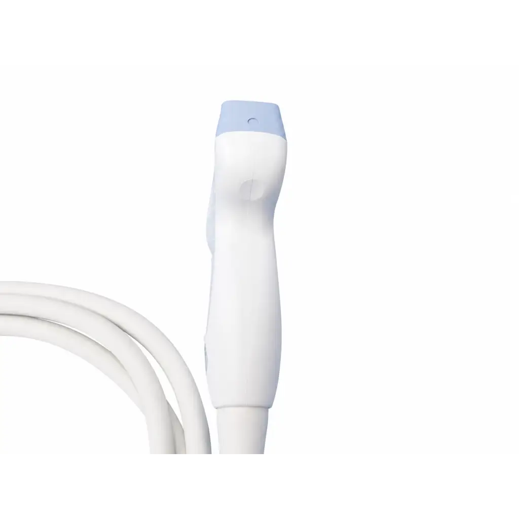GE 4C-RS convex ultrasound transducer probe in white and light blue with ergonomic grip for medical imaging use