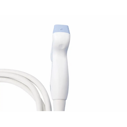 GE 4C-RS convex ultrasound transducer probe in white and light blue with ergonomic grip for medical imaging use