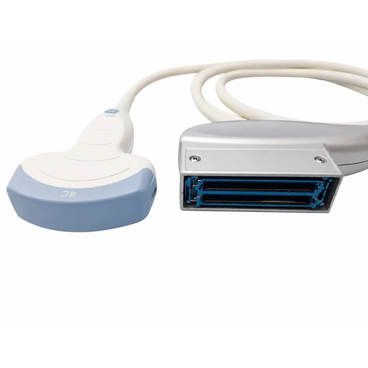 Ge 4c-rs convex ultrasound transducer probe with white and light blue curved head and silver connector housing