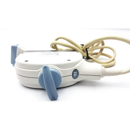 Ge 5131434 11l linear array ultrasound transducer probe in white and light blue with a coiled beige cable